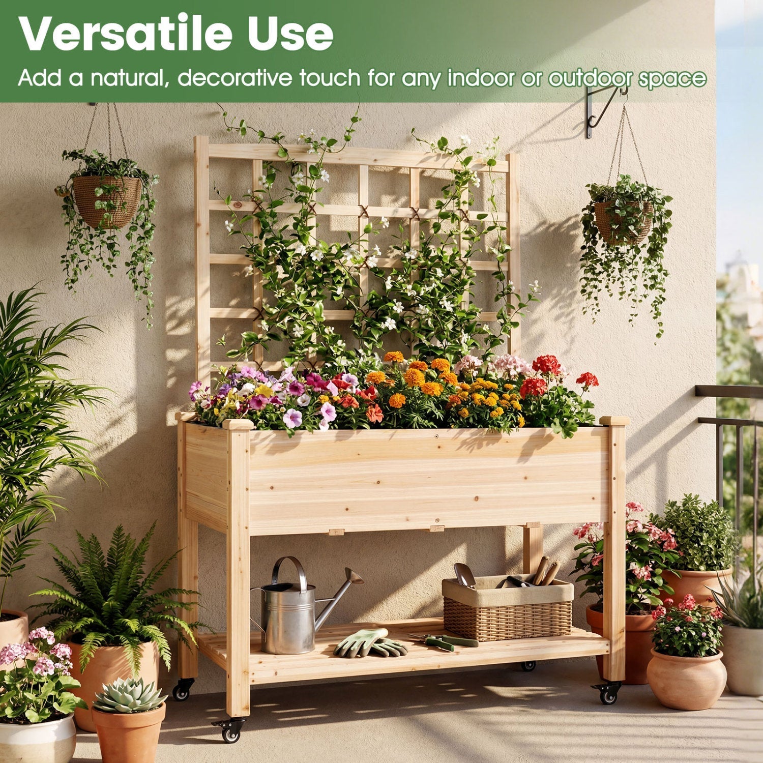 Wooden Mobile Raised Garden Bed on Wheels with Trellis