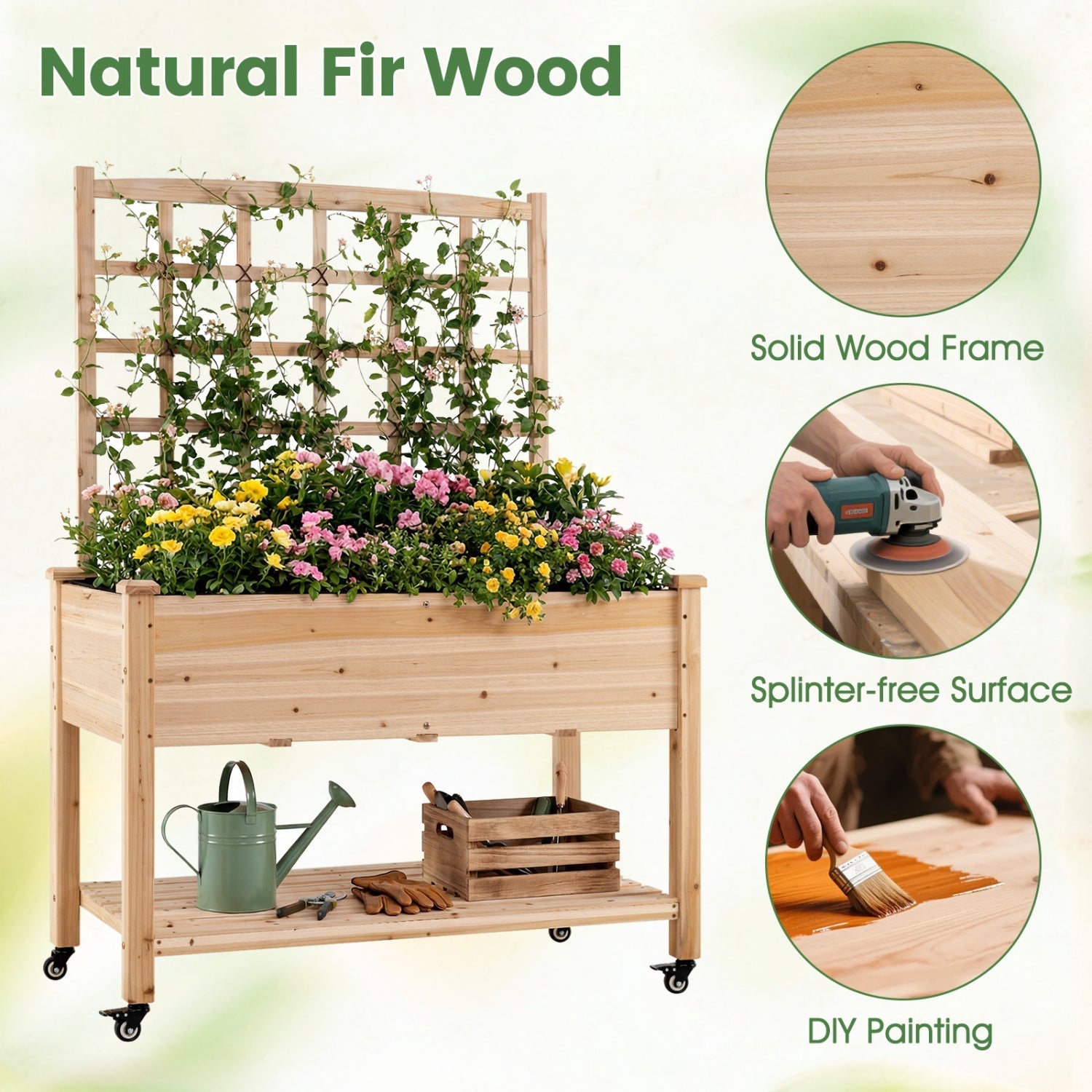 Wooden Mobile Raised Garden Bed on Wheels with Trellis