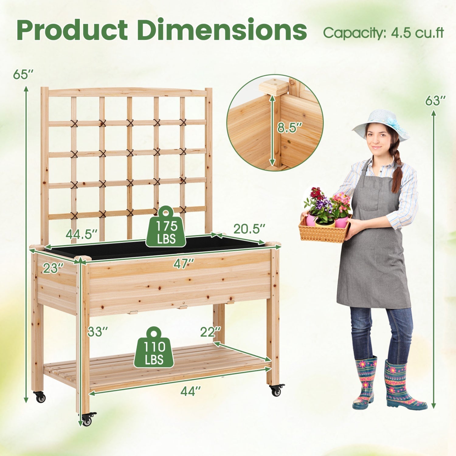 Wooden Mobile Raised Garden Bed on Wheels with Trellis