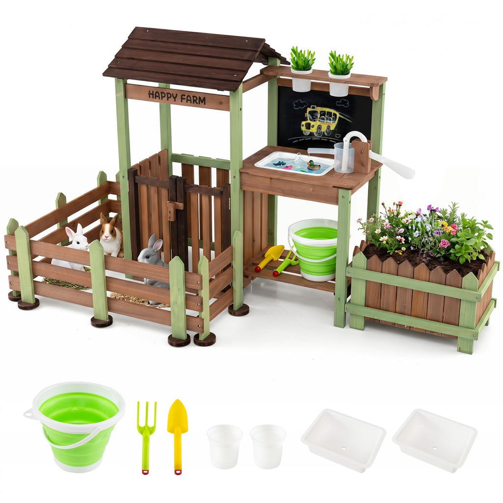 Wooden Mud Farm Playset with Planter Box and Water Pump