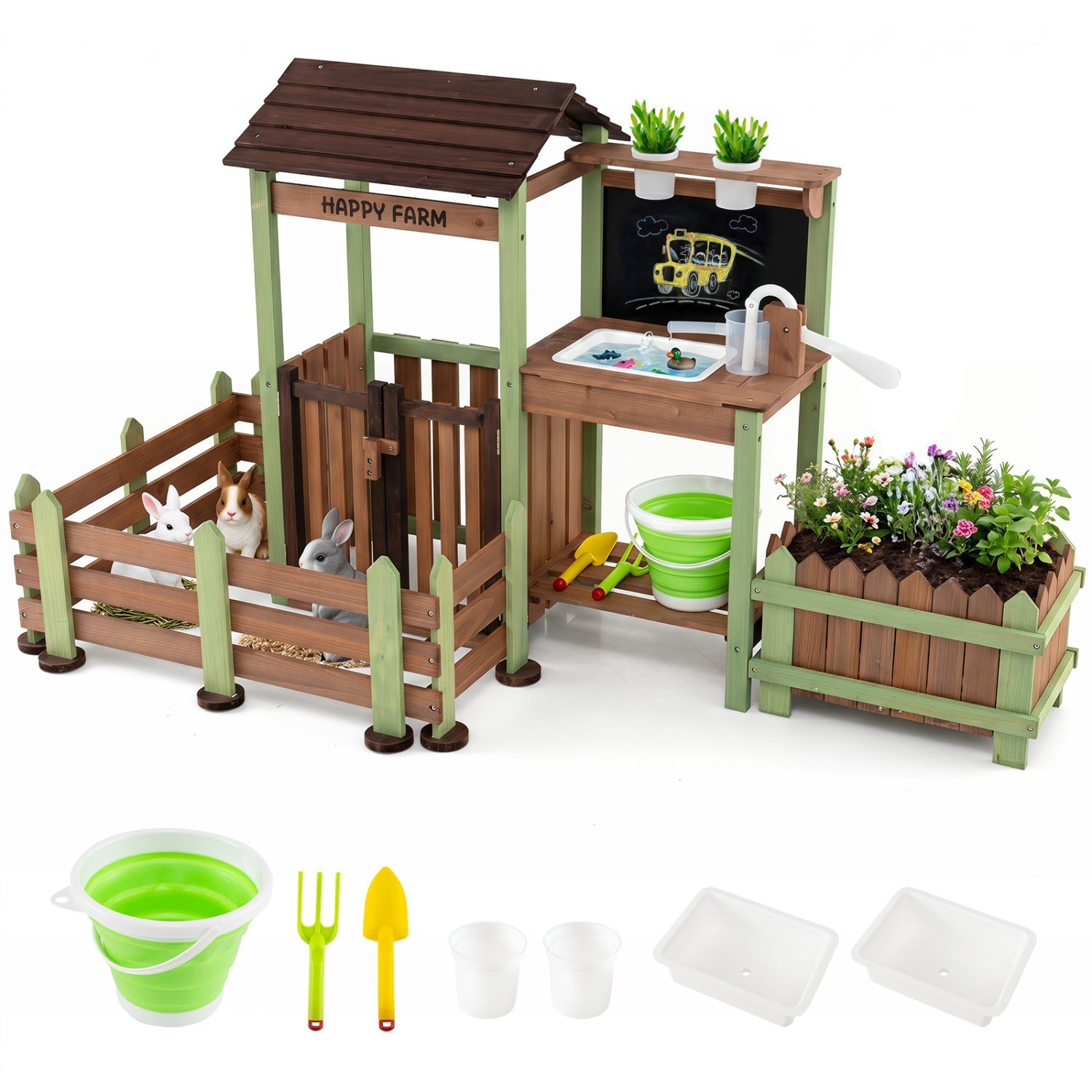 Wooden Mud Farm Playset with Planter Box and Water Pump