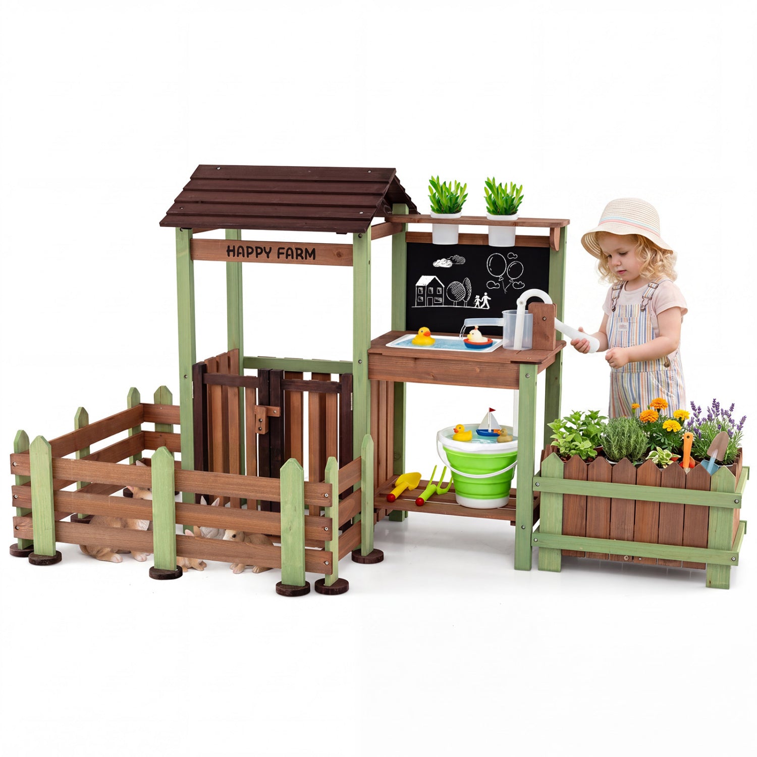Wooden Mud Farm Playset with Planter Box and Water Pump