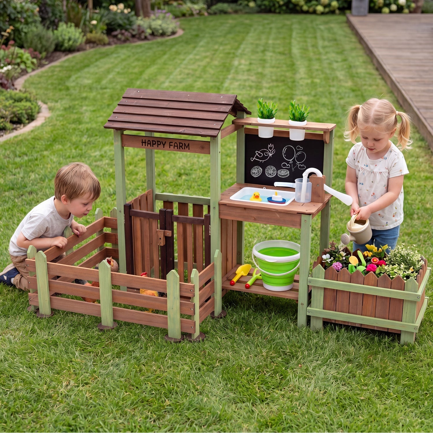 Wooden Mud Farm Playset with Planter Box and Water Pump