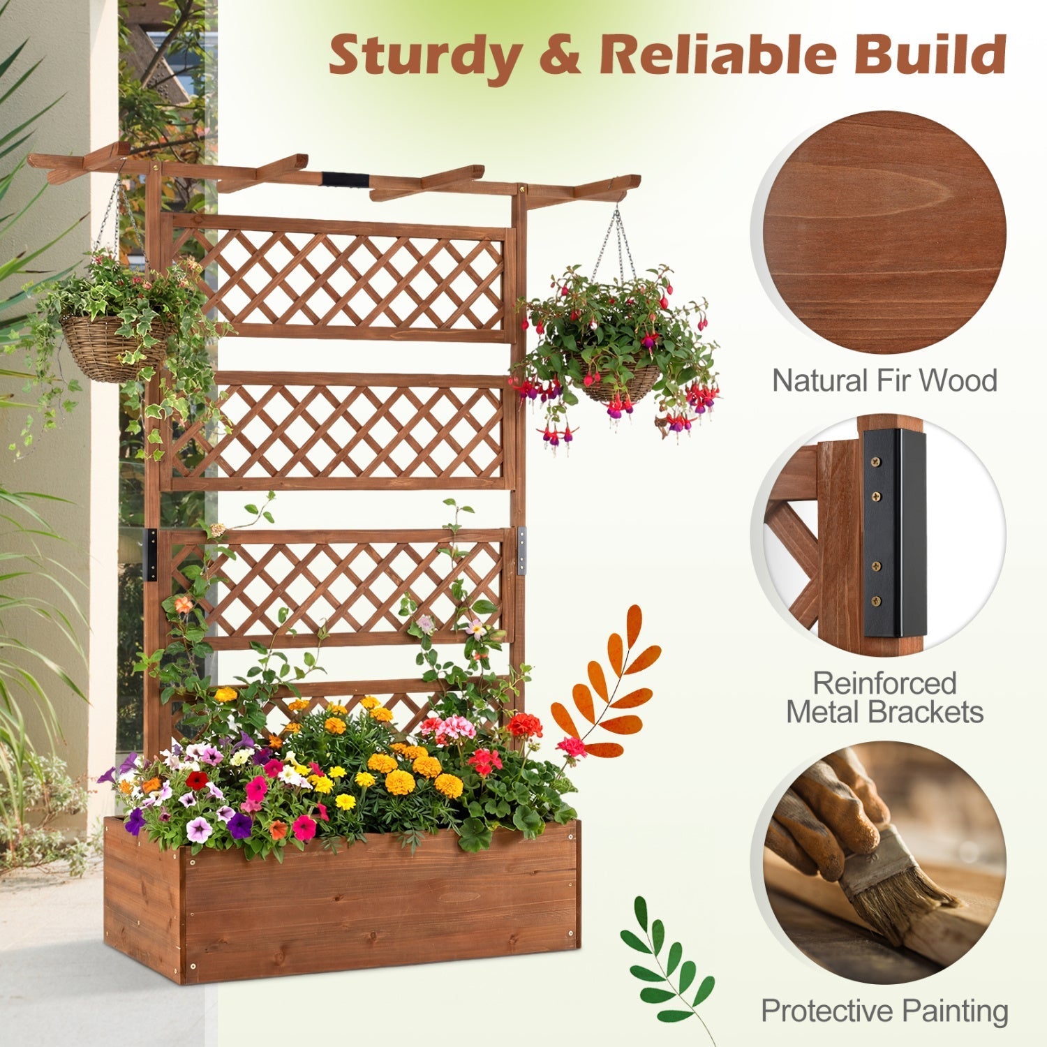 Wooden Planter Box with Lattice Trellis Raised Garden Bed Privacy Screen with Flat Roof