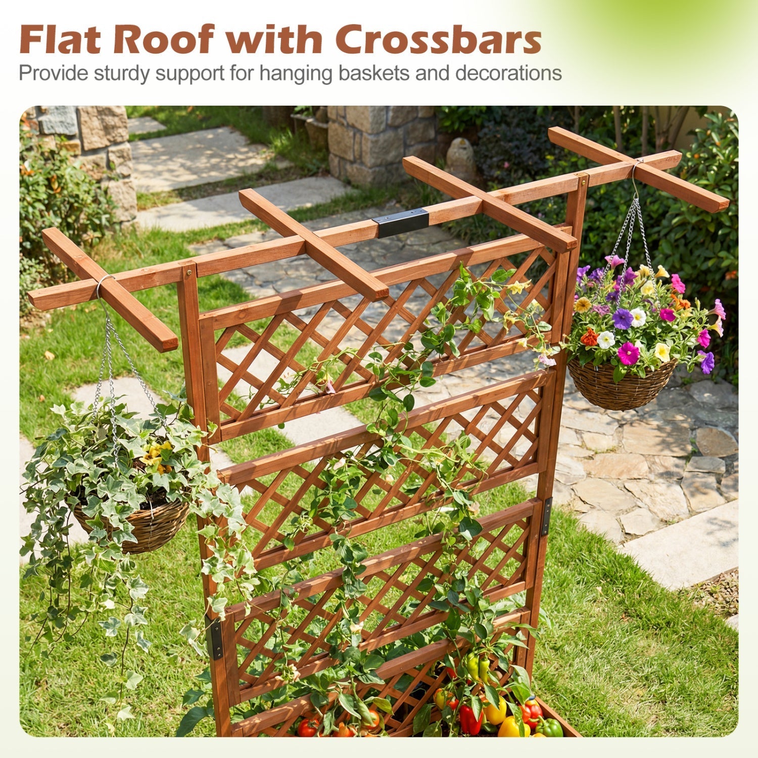 Wooden Planter Box with Lattice Trellis Raised Garden Bed Privacy Screen with Flat Roof