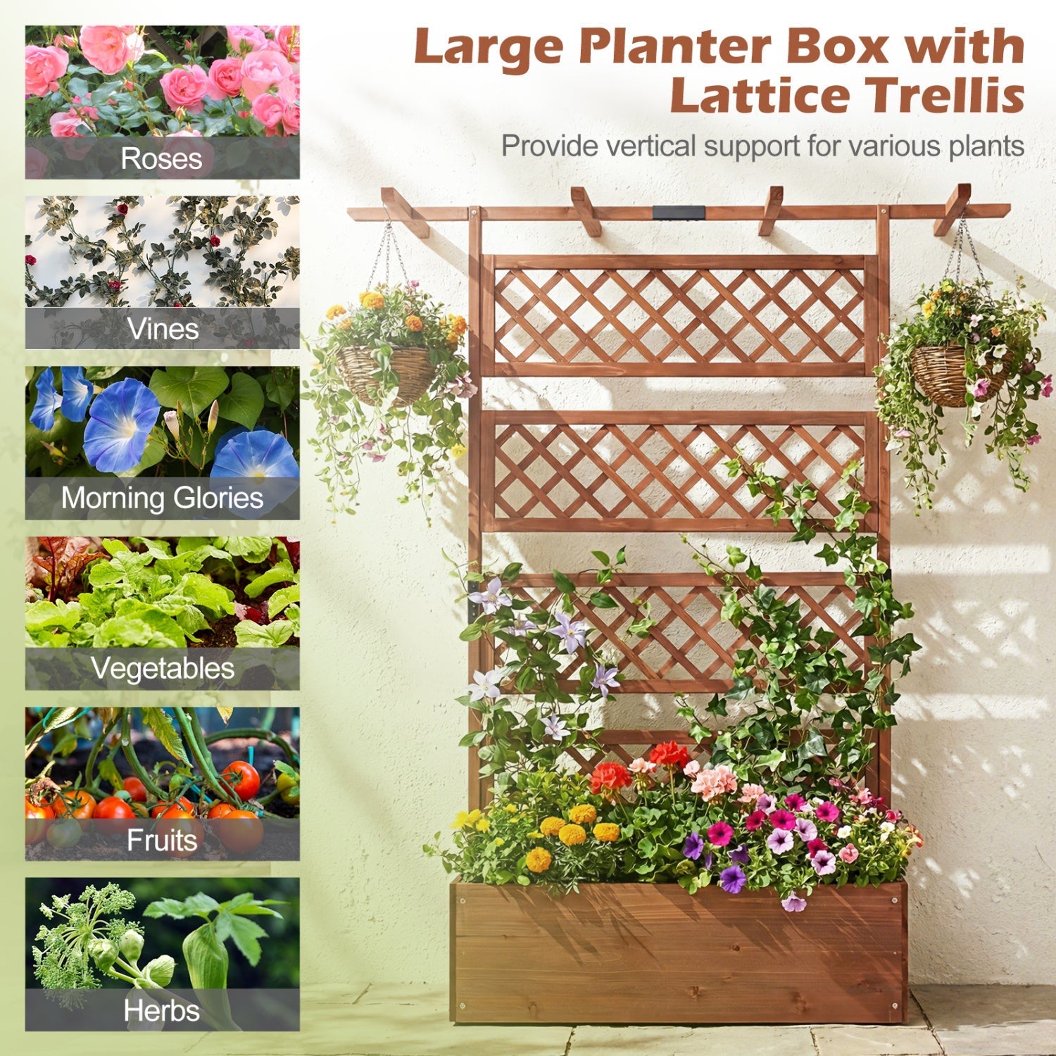 Wooden Planter Box with Lattice Trellis Raised Garden Bed Privacy Screen with Flat Roof