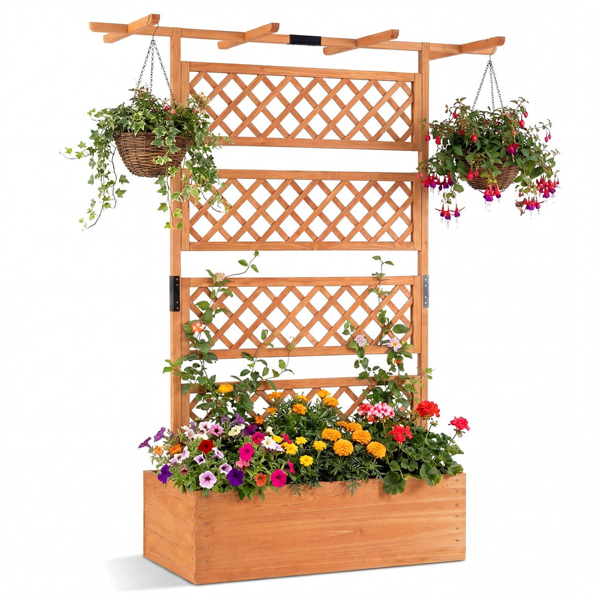 Wooden Planter Box with Lattice Trellis Raised Garden Bed Privacy Screen with Flat Roof
