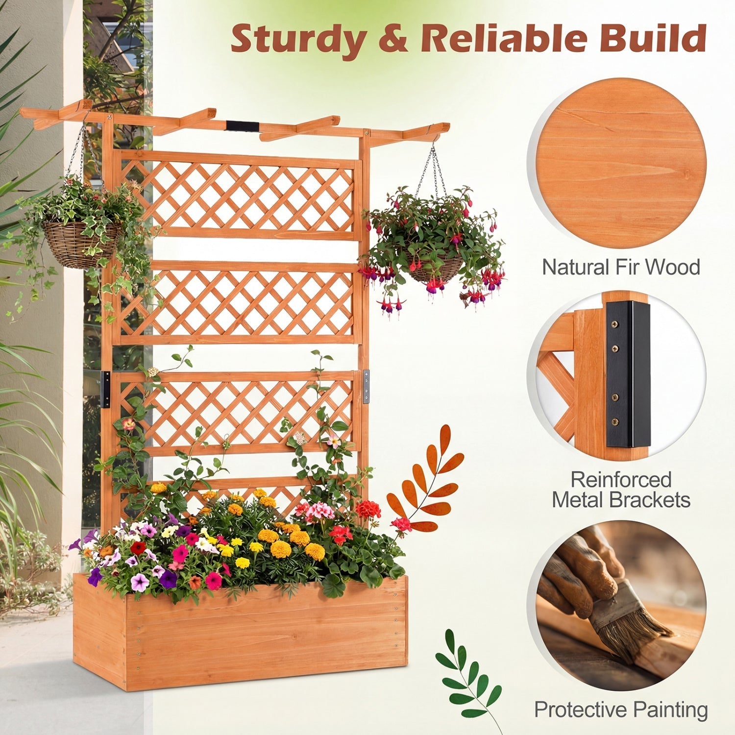 Wooden Planter Box with Lattice Trellis Raised Garden Bed Privacy Screen with Flat Roof