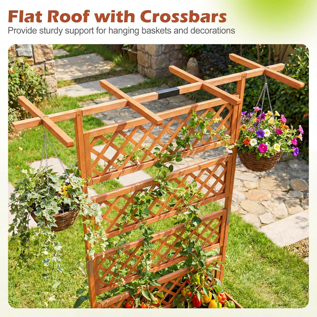 Wooden Planter Box with Lattice Trellis Raised Garden Bed Privacy Screen with Flat Roof
