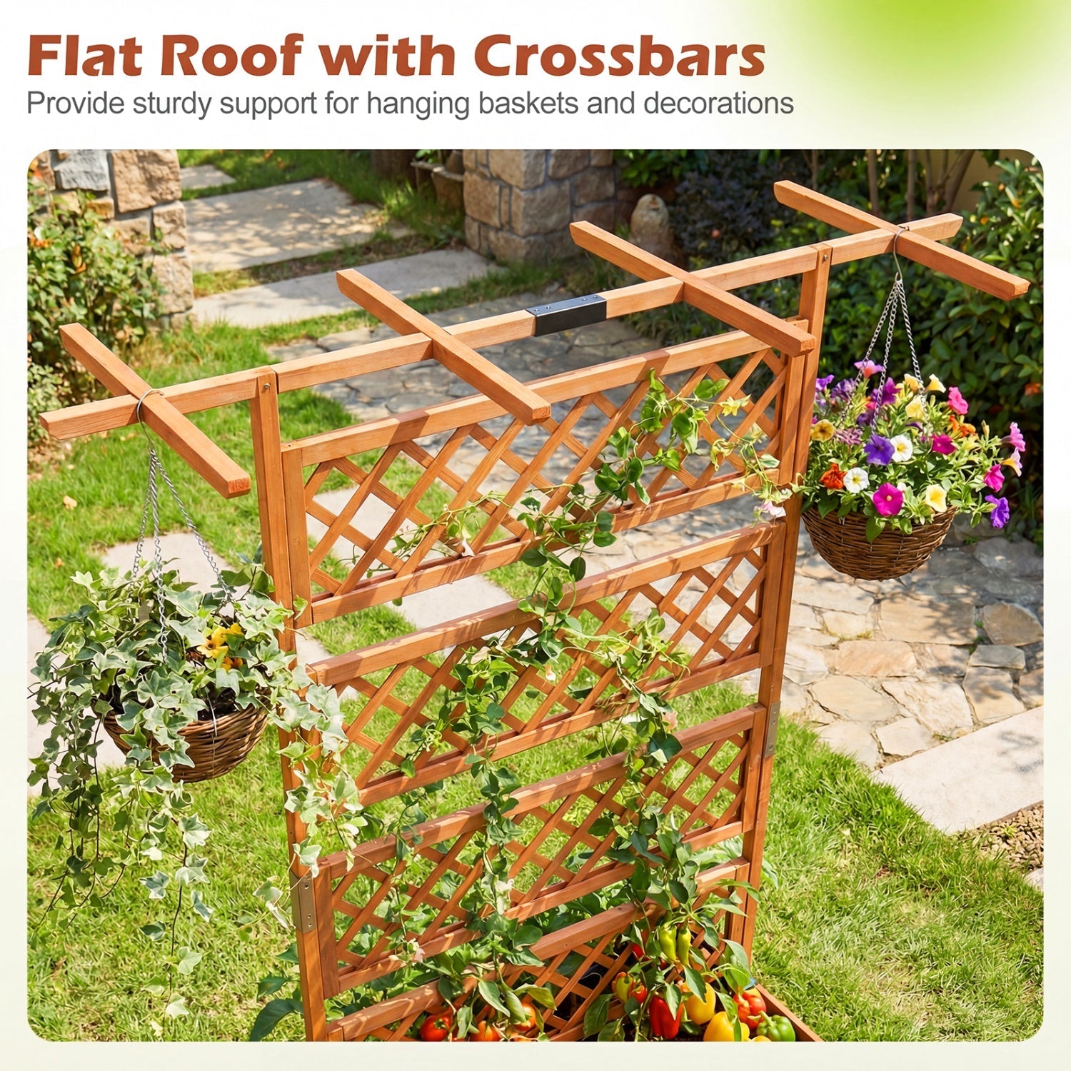Wooden Planter Box with Lattice Trellis Raised Garden Bed Privacy Screen with Flat Roof