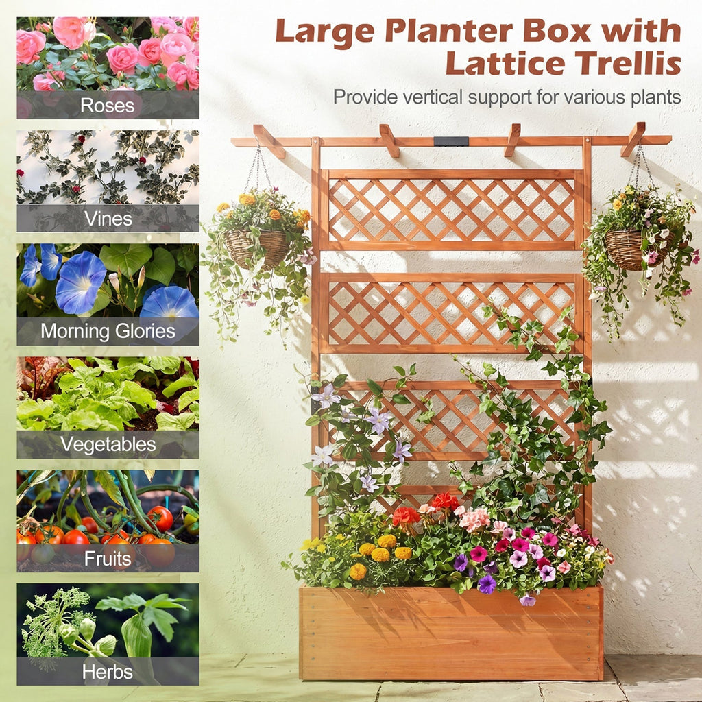 Wooden Planter Box with Lattice Trellis Raised Garden Bed Privacy Screen with Flat Roof