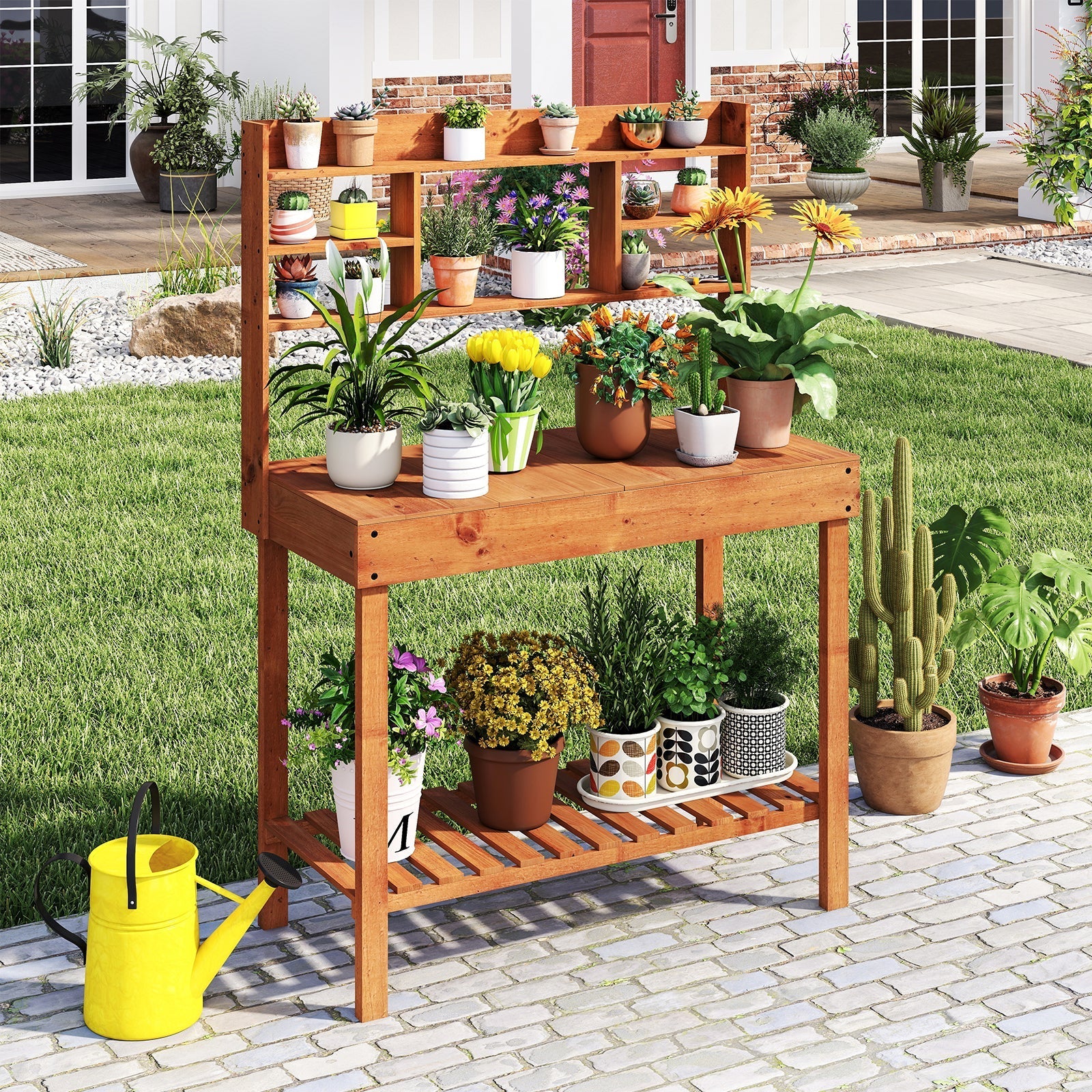 Wooden Potting Bench Table 61" Garden Planting Workstation with 3-Tier Open Shelf-Brown
