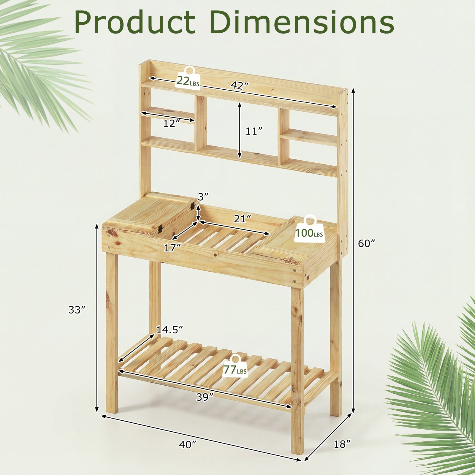 Wooden Potting Bench Table Garden Planting Workstation with 3-Tier Open Shelf