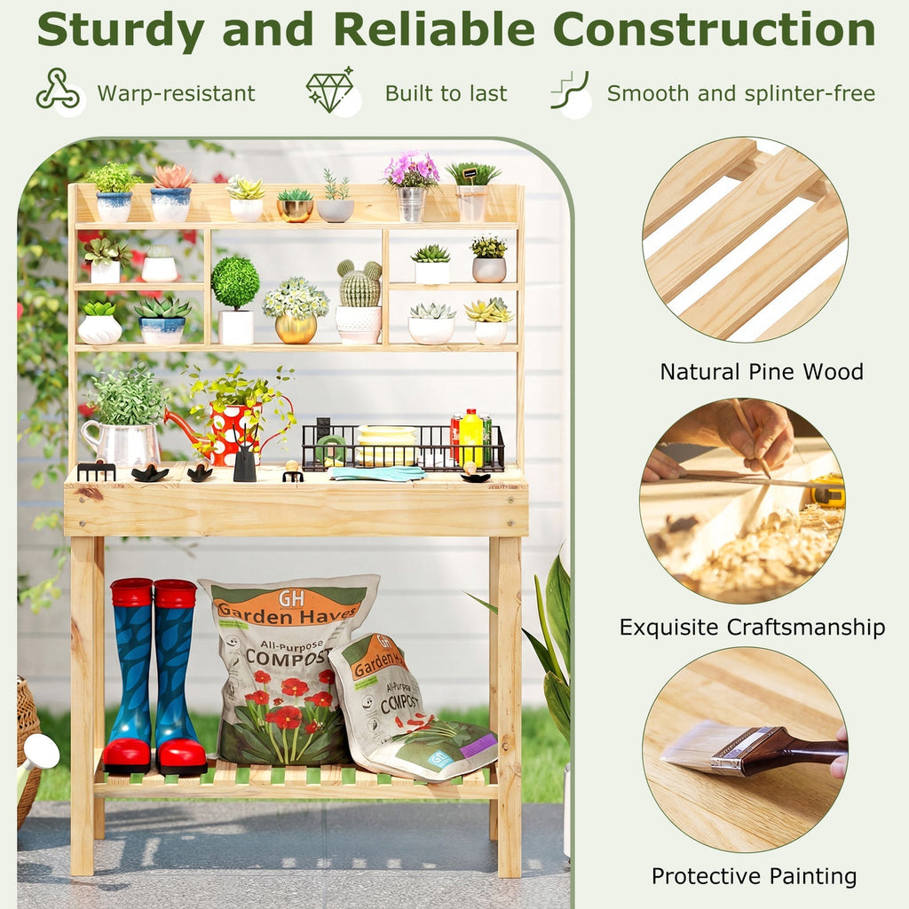 Wooden Potting Bench Table Garden Planting Workstation with 3-Tier Open Shelf