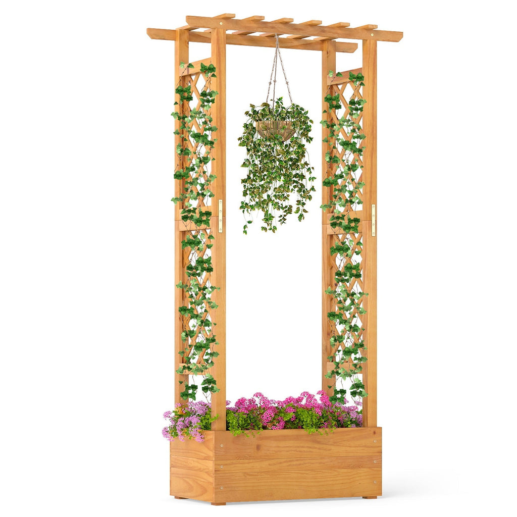Wooden Raised Garden Bed with Lattice Trellis and Hanging Roof-Orange