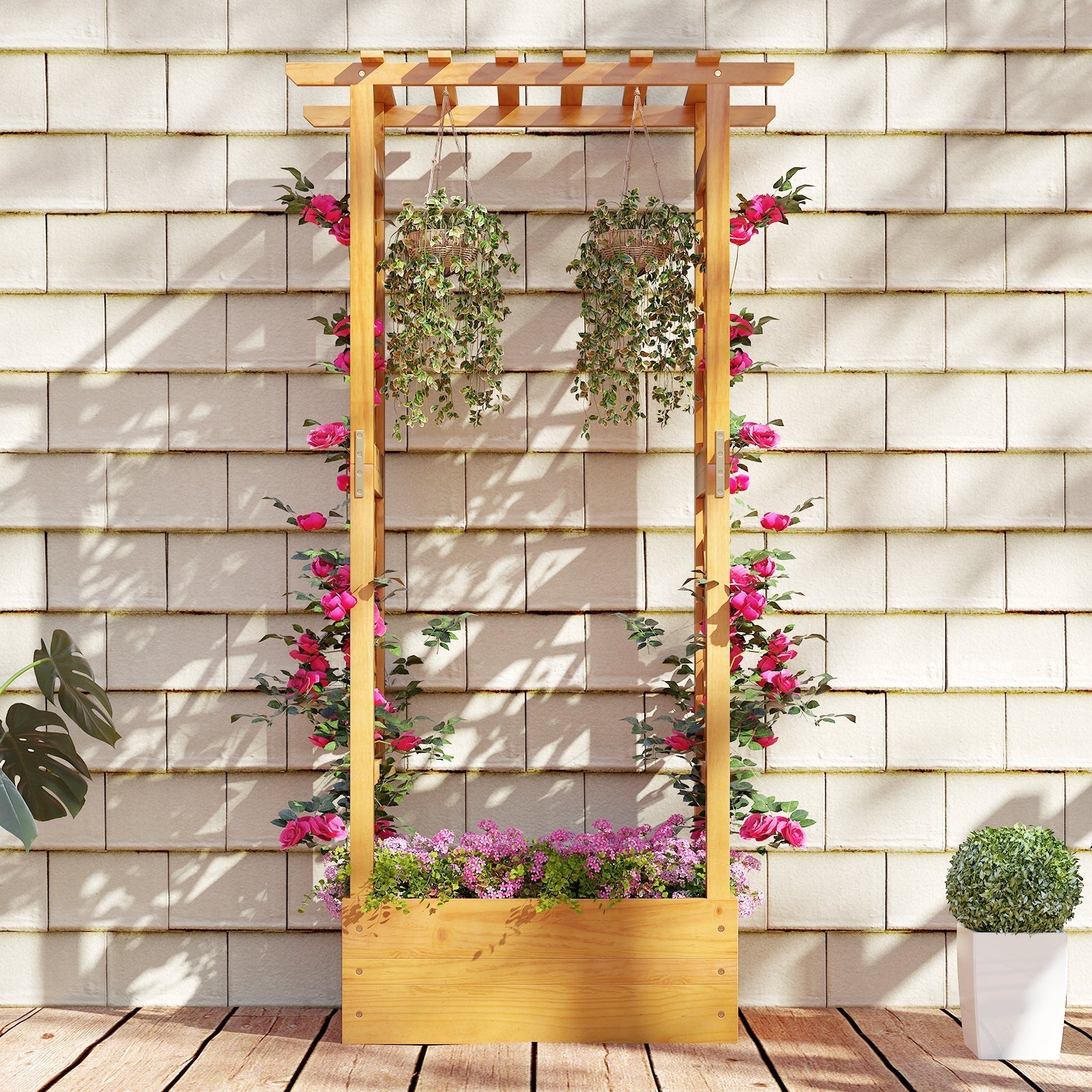 Wooden Raised Garden Bed with Lattice Trellis and Hanging Roof-Orange