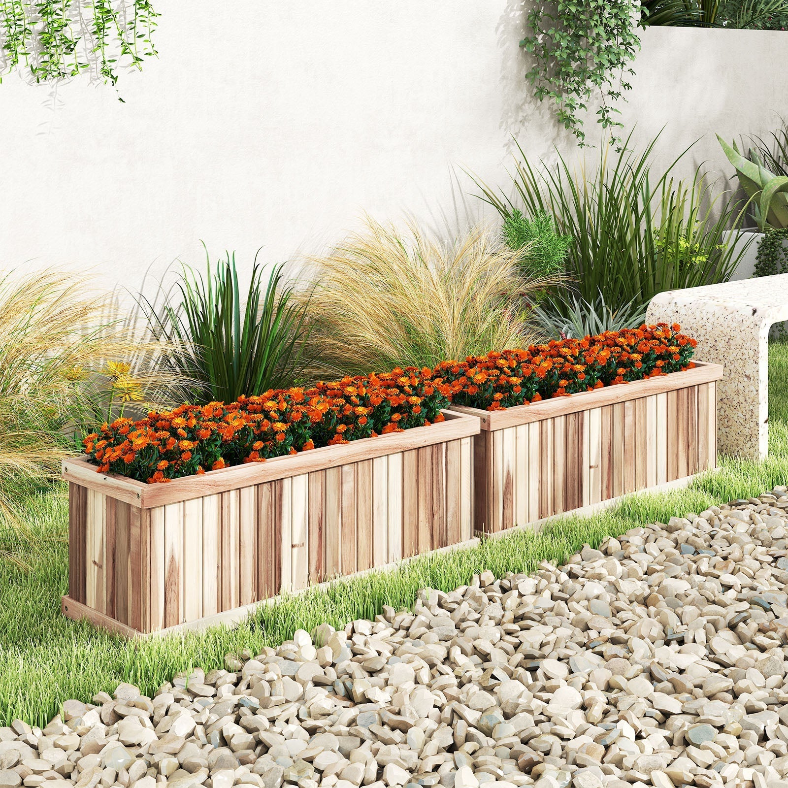 Wooden Raised Garden Bed Natural Acacia Wood Rectangular Planter Box with Drainage-Natural