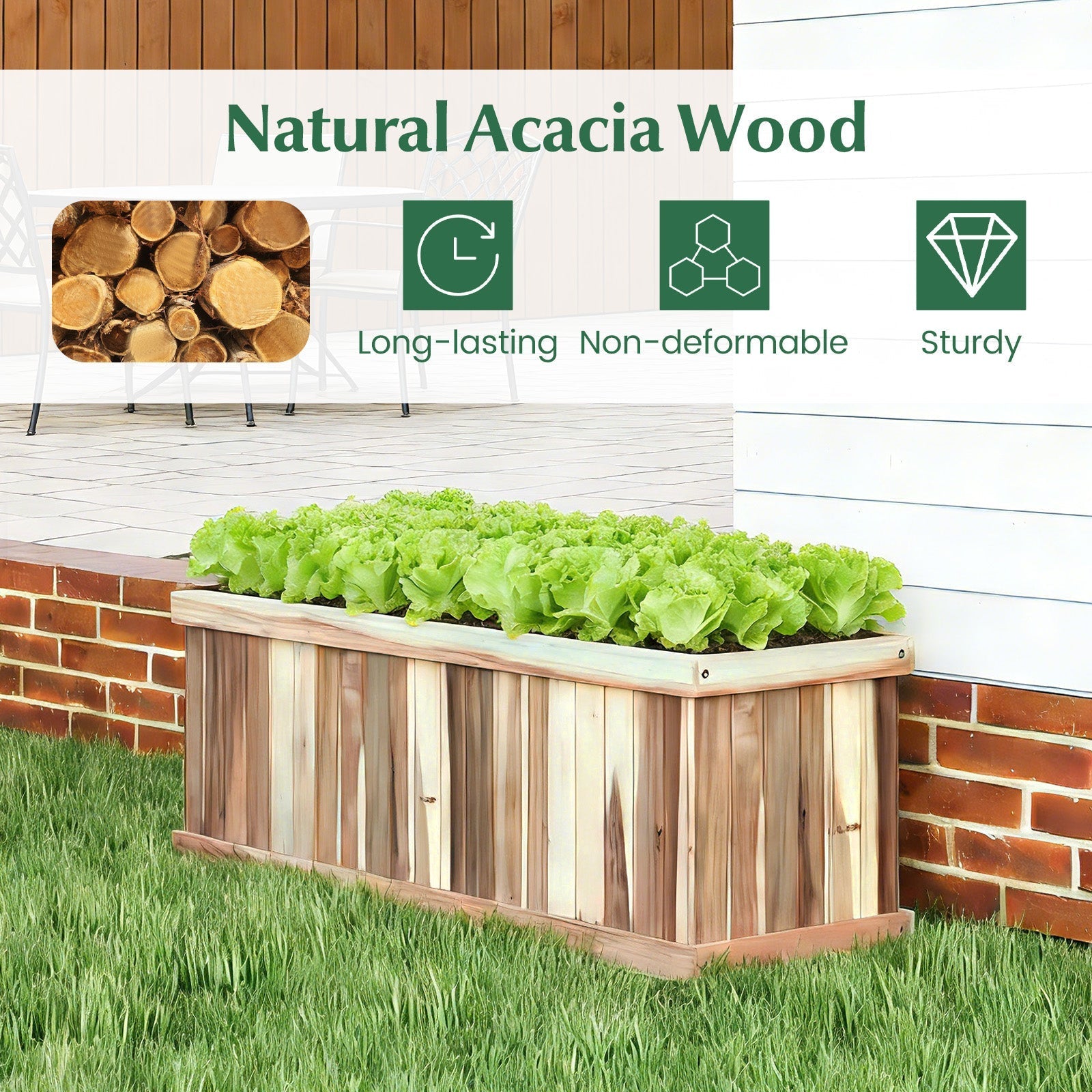 Wooden Raised Garden Bed Natural Acacia Wood Rectangular Planter Box with Drainage-Natural