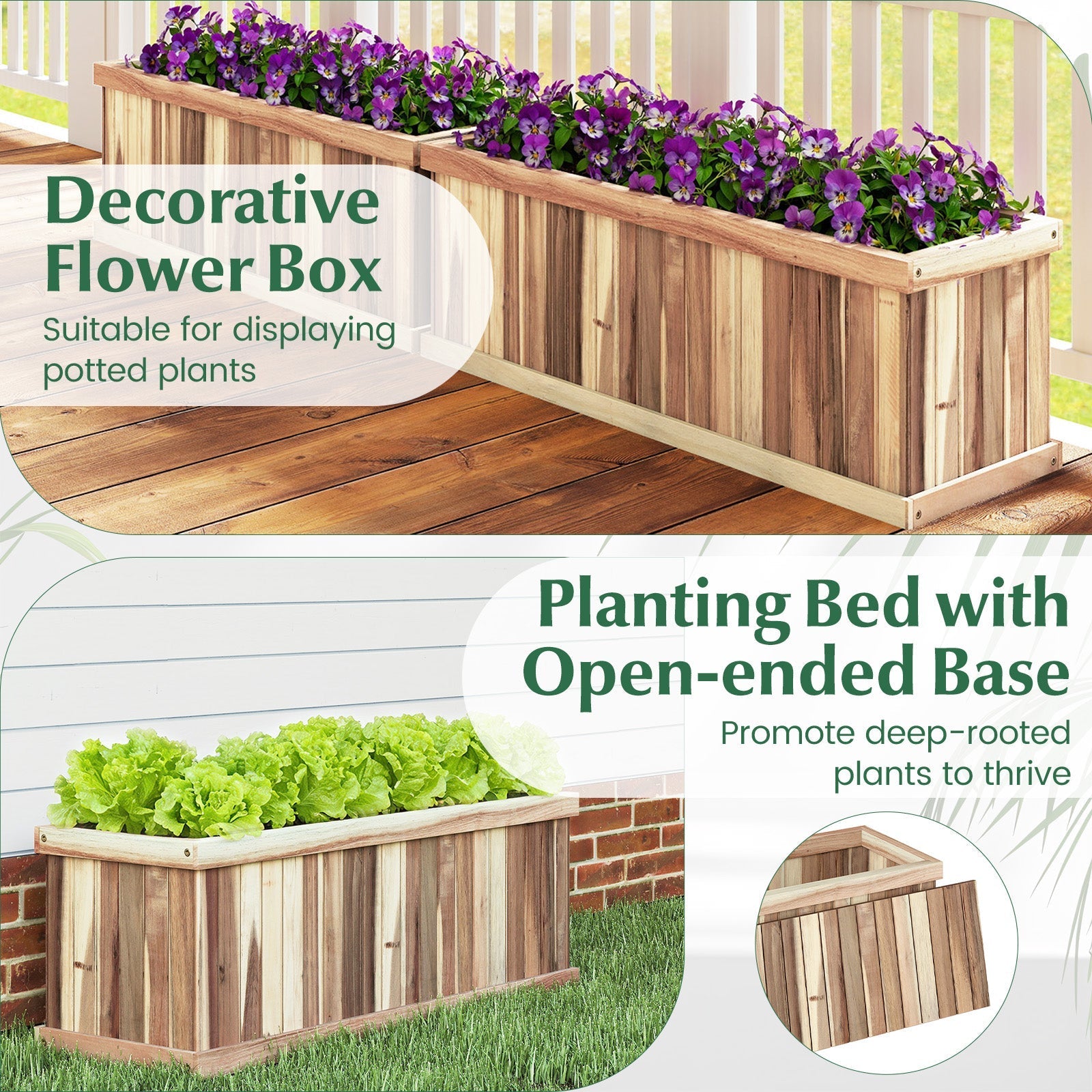 Wooden Raised Garden Bed Natural Acacia Wood Rectangular Planter Box with Drainage-Natural