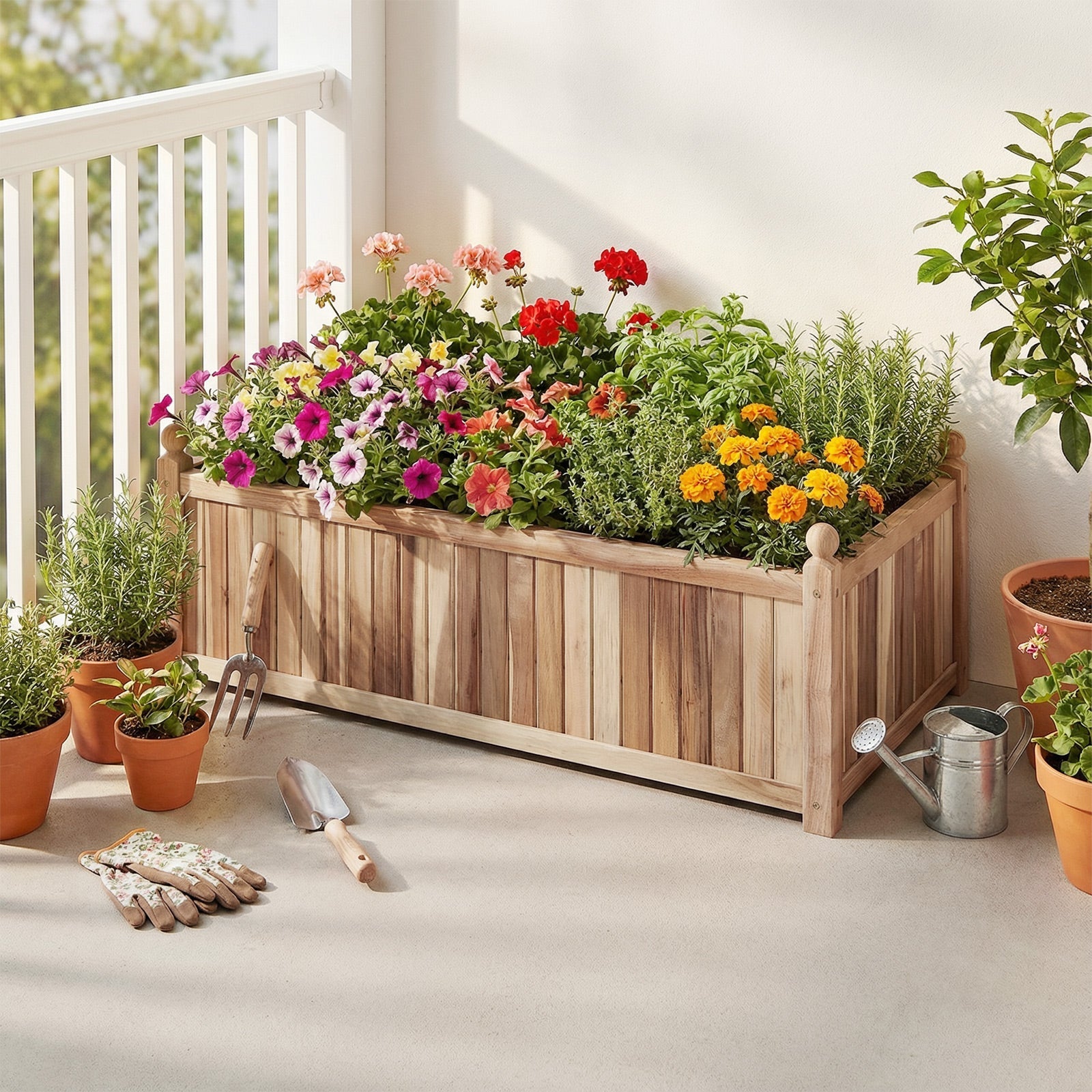 Wooden Raised Garden Bed Natural Acacia Wood Rectangular Planter Box with Liner-Natural