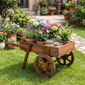 Wooden Wagon Planter with Wheels - Rustic Brown