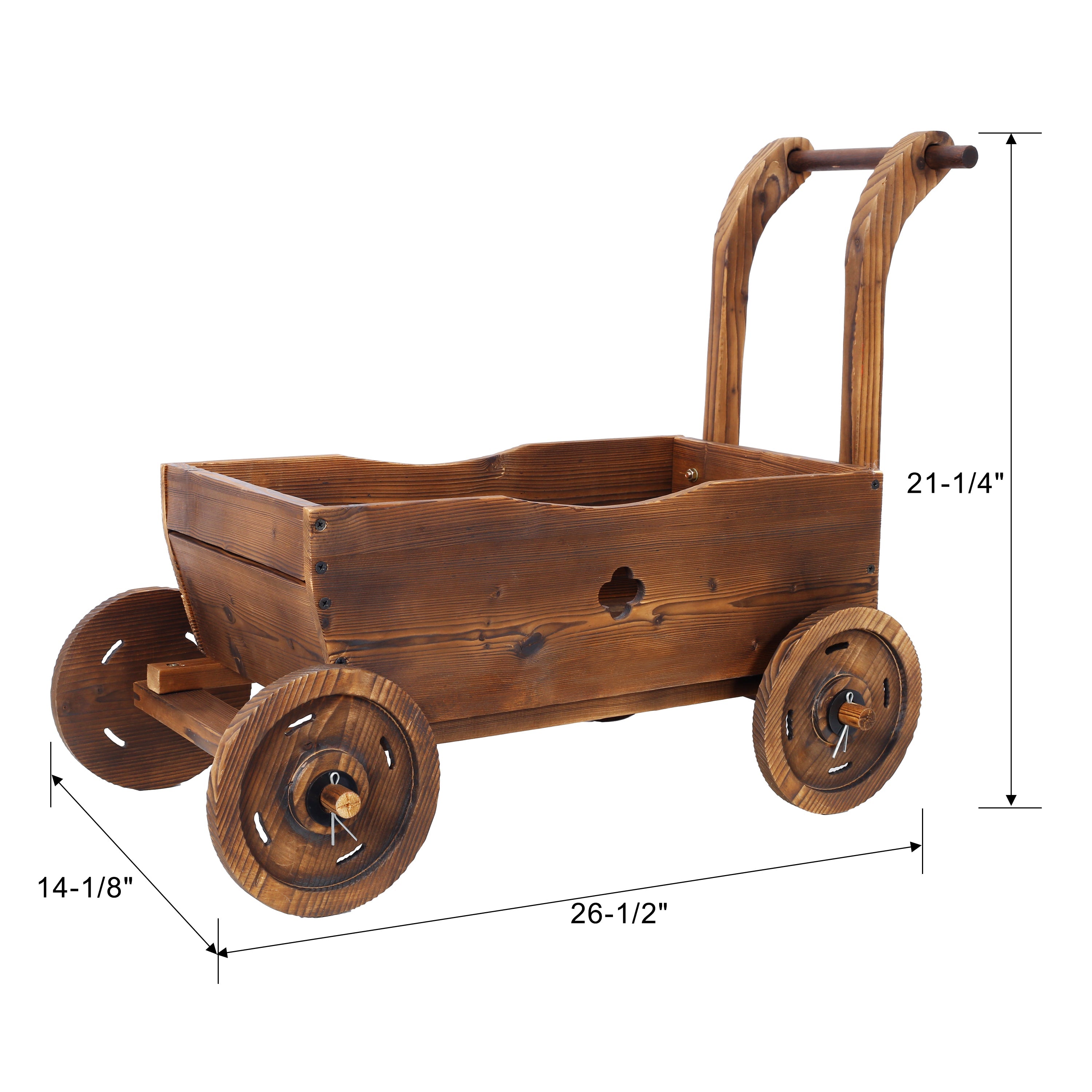 Wooden Wagon Planter Box, Mobile Garden Planter with Wheels, Handle, Drain Hole, Brown Wood, 26.5 x 14.1 x 21.2 inches