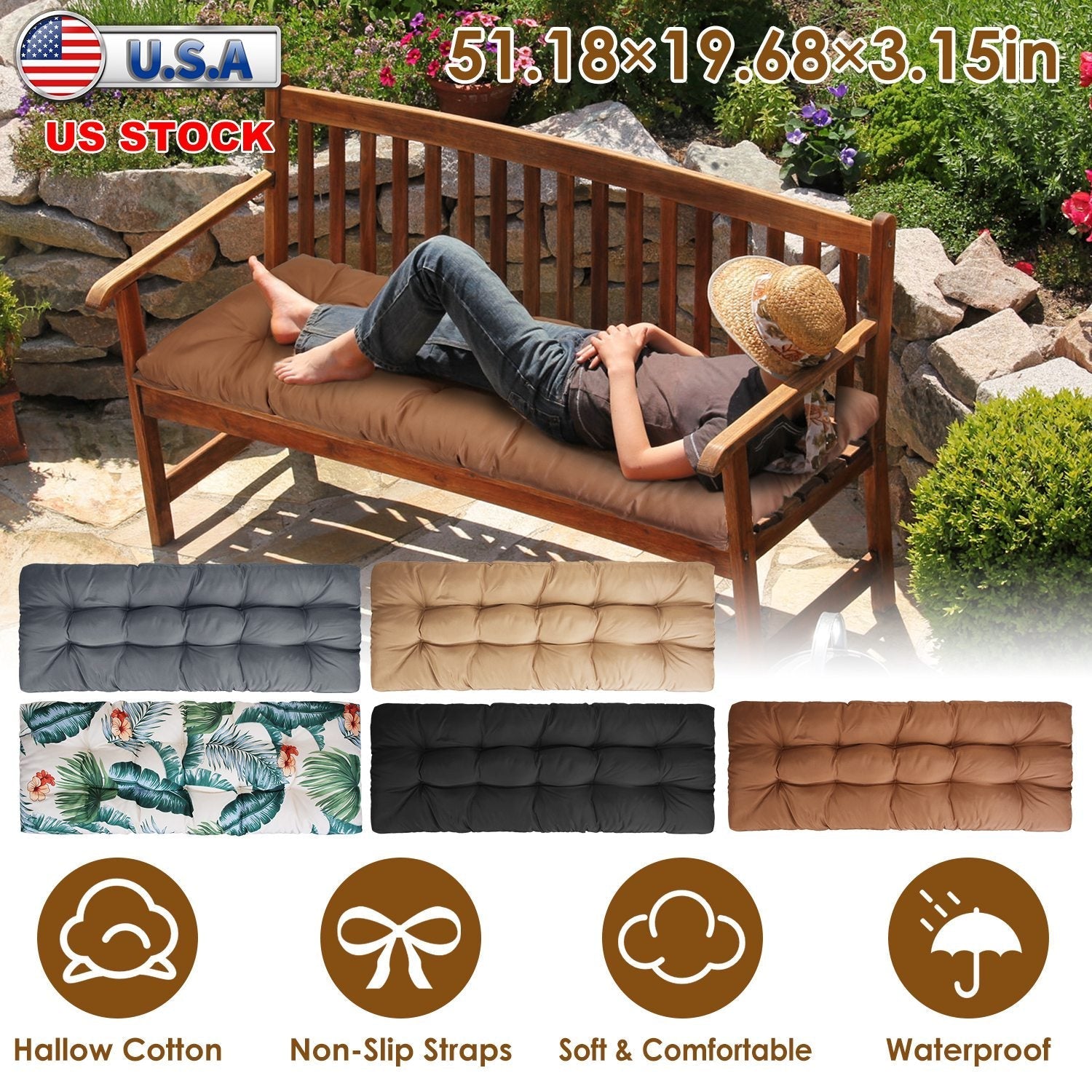 Bench Seat Cushion For Indoor Outdoor Furniture Non Slip Long Chair Cushion with Ties Strap Waterproof Swing Cushion 51.18x19.68IN For Garden Patio Ba