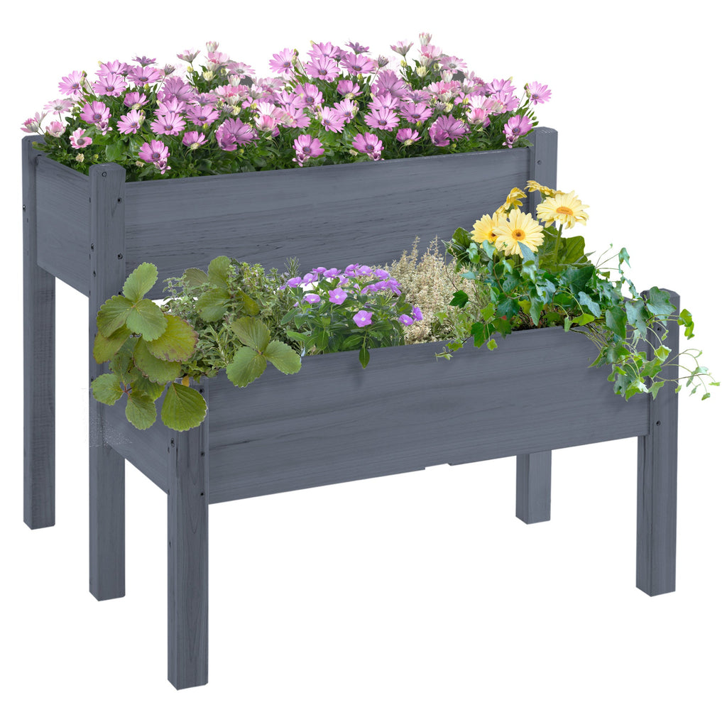 Outsunny 34'x34'x28' Raised Garden Bed, 2-Tier Elevated Wood Planter Box for Backyard, Patio to Grow Vegetables, Herbs, and Flowers, Gray