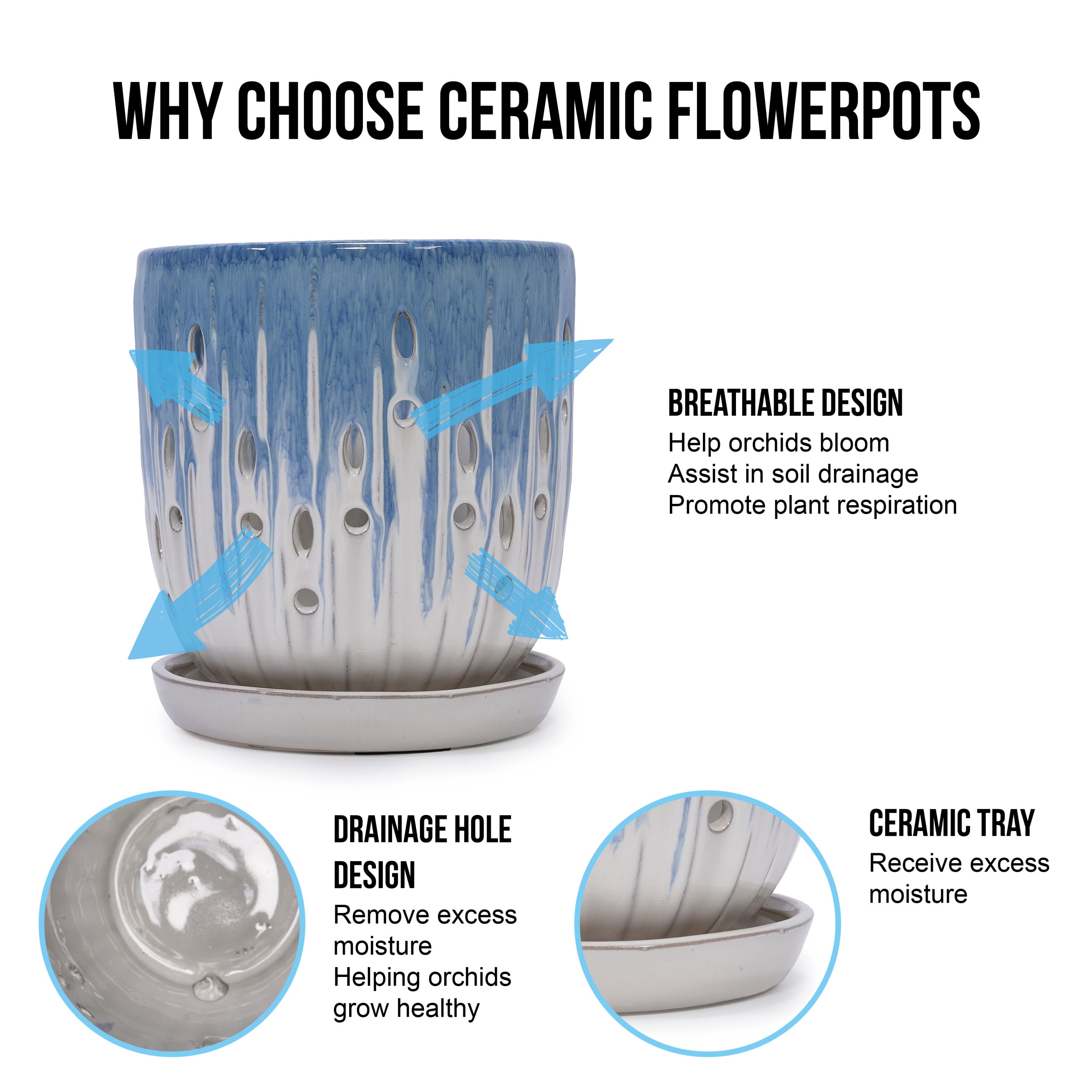 Set of 2 Ceramic Flowerpot with Drainage Hole, 8' Modern Planter for Patio, Garden, Windowsill - White Blue