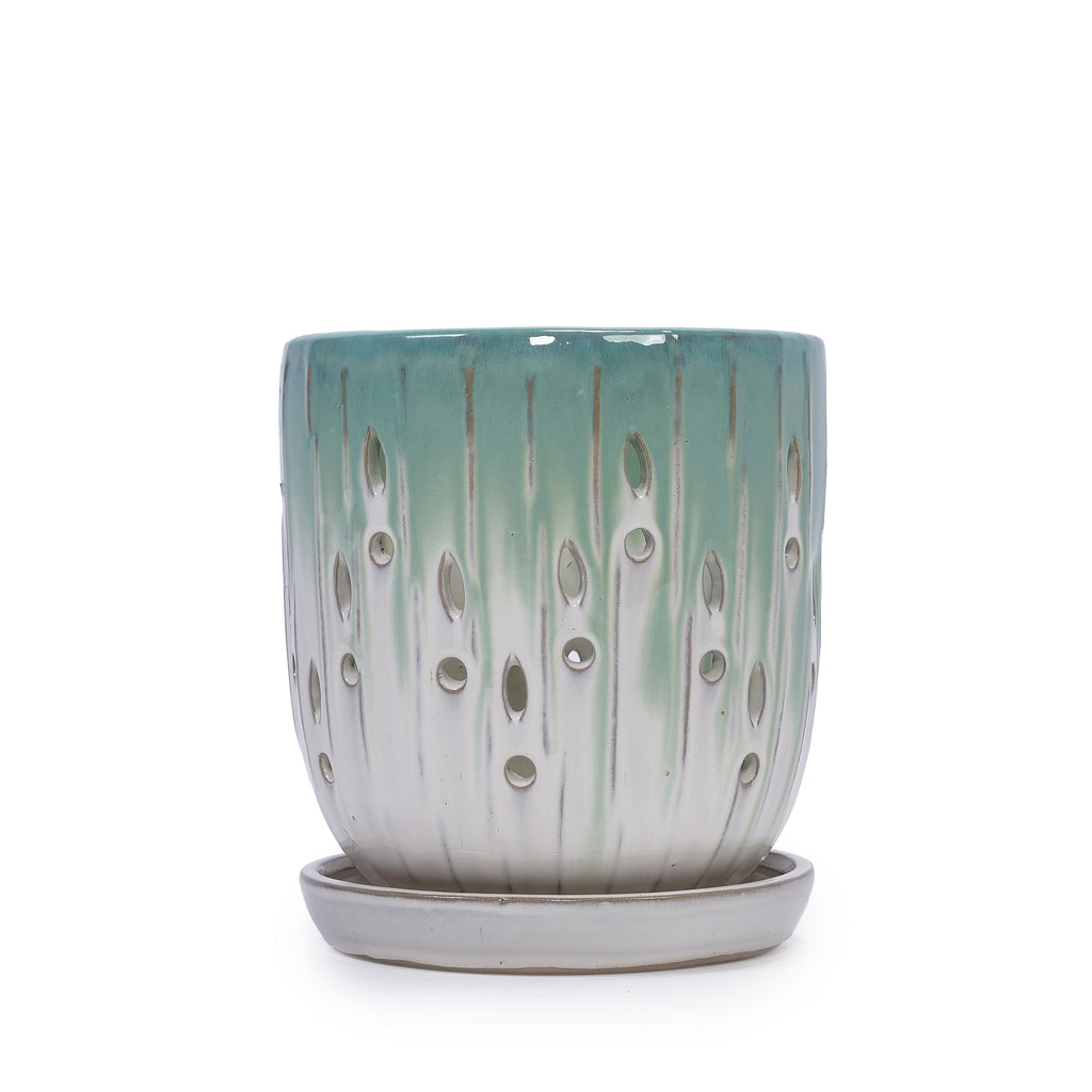 Set of 2 Ceramic Flowerpot with Drainage Hole, 8' Modern Planter for Patio, Garden, Windowsill - White Green