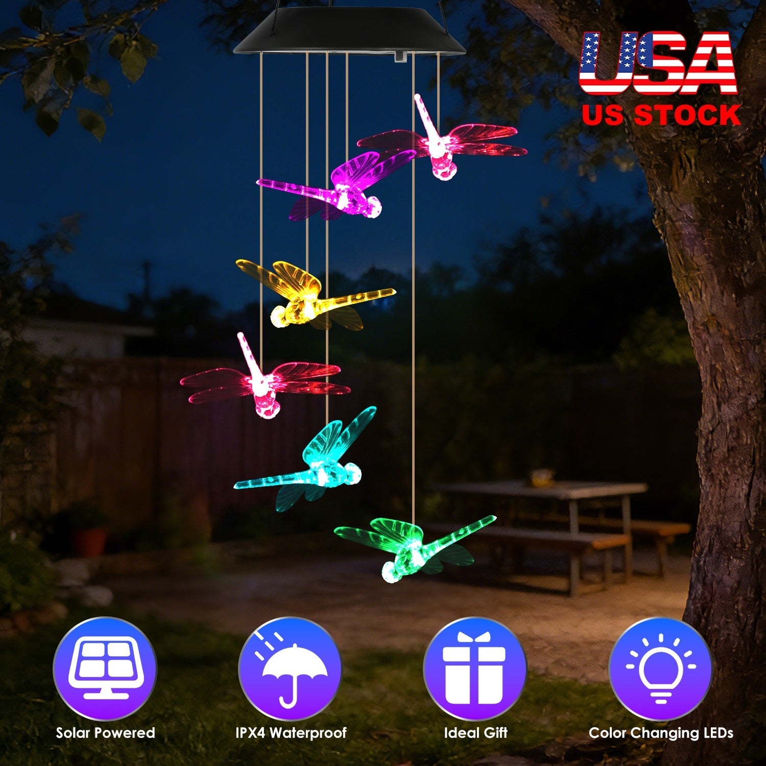2Pack Solar Dragonfly Wind Chimes 7 Color Changing Wind Chimes for Outside IPX4 Waterproof Outdoor Garden Yard Decor
