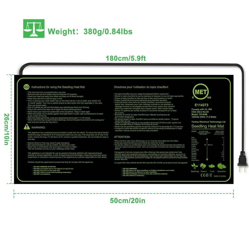 10" x 20" Seedling Heat Mat IP67 Waterproof Plant Warm Hydroponic Heating Pad 17.5W for Seed Germination Cloning Plant Propagation
