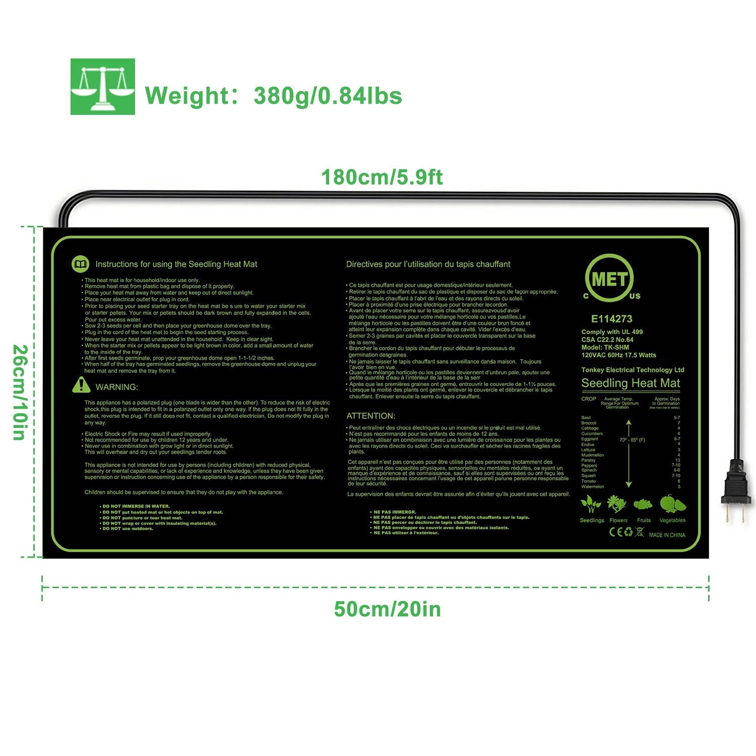 10" x 20" Seedling Heat Mat IP67 Waterproof Plant Warm Hydroponic Heating Pad 17.5W for Seed Germination Cloning Plant Propagation