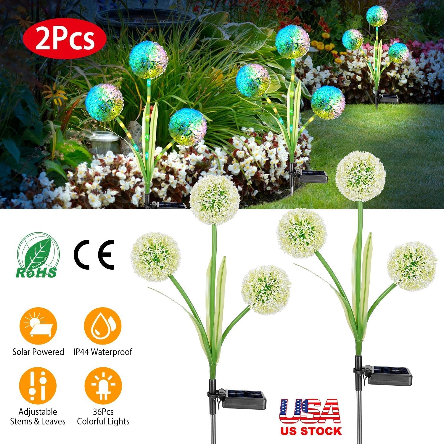 2 Pcs Dandelion Solar Light 36LED Beads Outdoor Garden Lawn Pathway Landscape Stake Lamp Colorful Ornamental Light