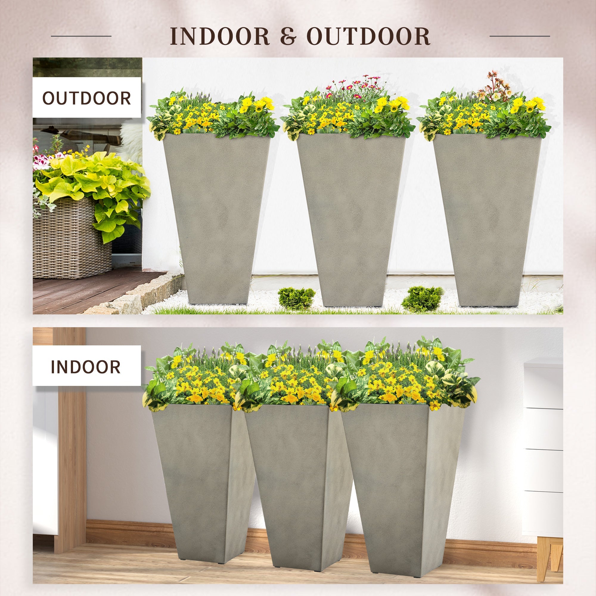 Outsunny Set of 3 Tall Planters with Drainage Hole, 28' Outdoor Flower Pots, Indoor Planters for Porch Patio and Deck, Gray