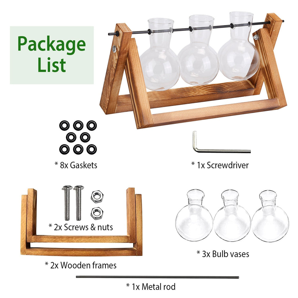 Desktop Glass Planter Bulb Plant Terrarium with Wooden Stand Air Planter Glass Vase Metal Swivel Plant Vase for Hydroponics