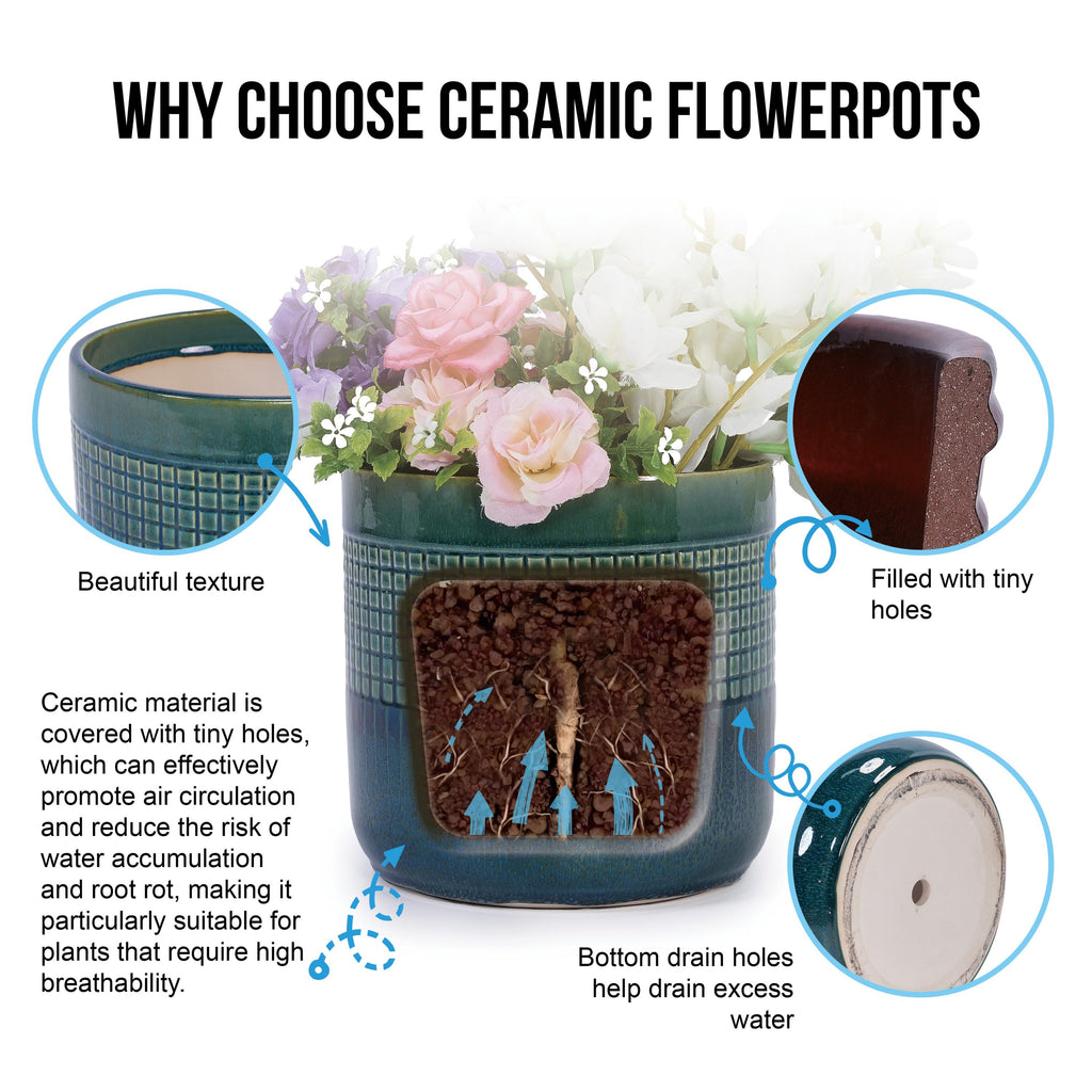 Set of 3 Grid Ceramic Flowerpot, Modern Planter for Patio, Garden, Windowsill - Blue Green