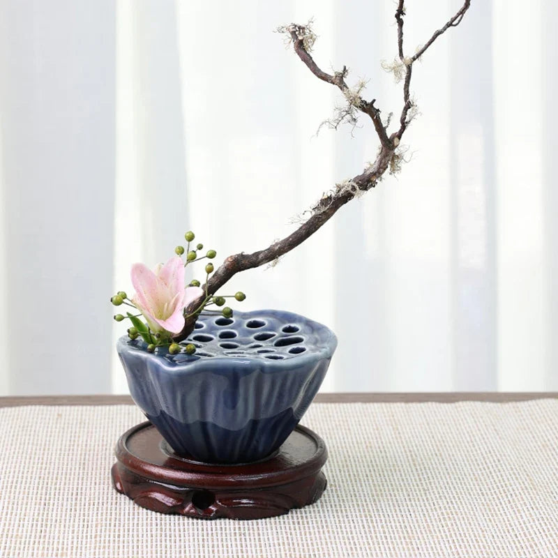 Japanese Ceramic Lotus Ikebana Flower Vase – Zen Floral Vessel with Built-In Frog Holder