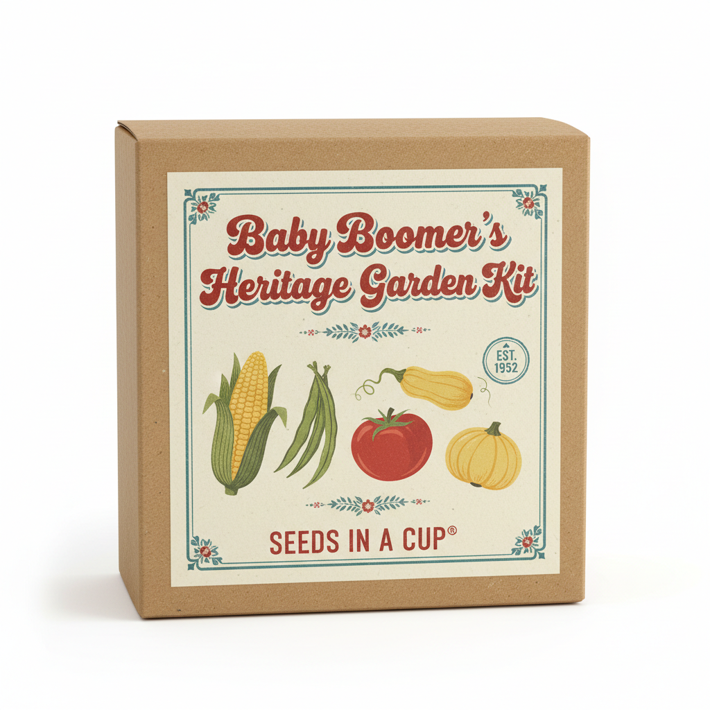 Baby Boomer's Heritage Garden Kit | Sweet Corn, Green Beans, Tomato & Squash | Seeds In A Cup®