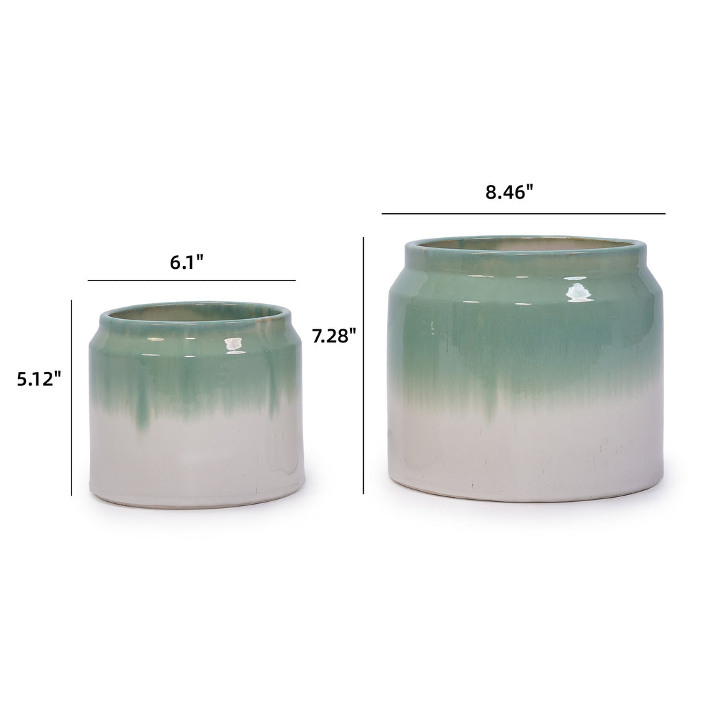 Set of 2 Gradient Ceramic Flowerpot, Modern Planter for Patio, Garden, Windowsill - White Green