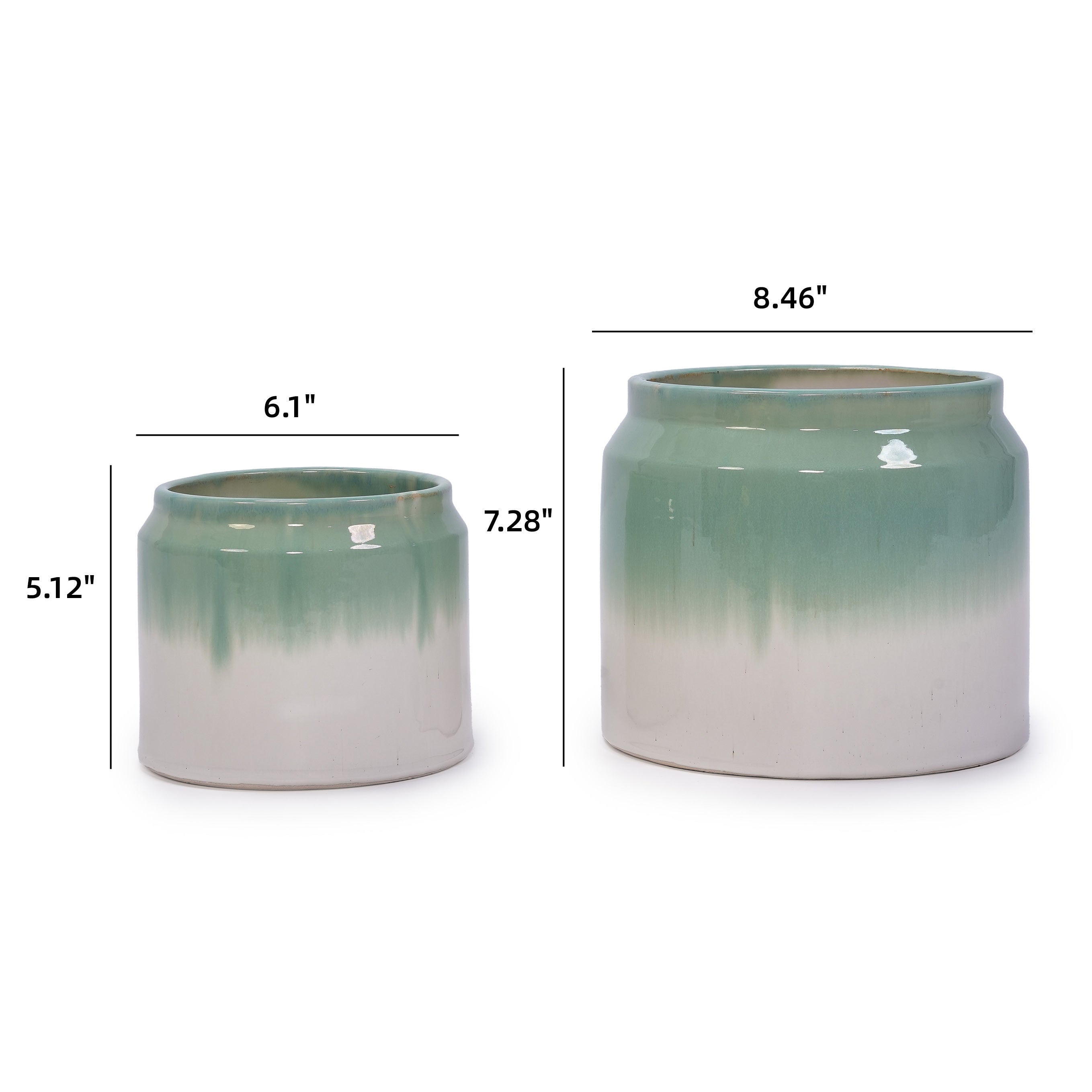 Set of 2 Gradient Ceramic Flowerpot, Modern Planter for Patio, Garden, Windowsill - White Green
