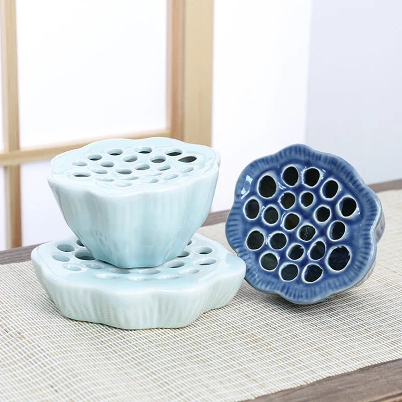Japanese Ceramic Lotus Ikebana Flower Vase – Zen Floral Vessel with Built-In Frog Holder