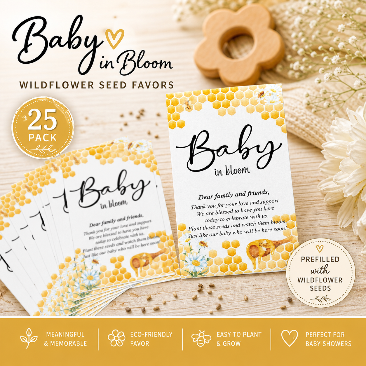 Baby in Bloom Bee Wildflower Seed Favors 25 Pack, Honeycomb Baby Shower Favors