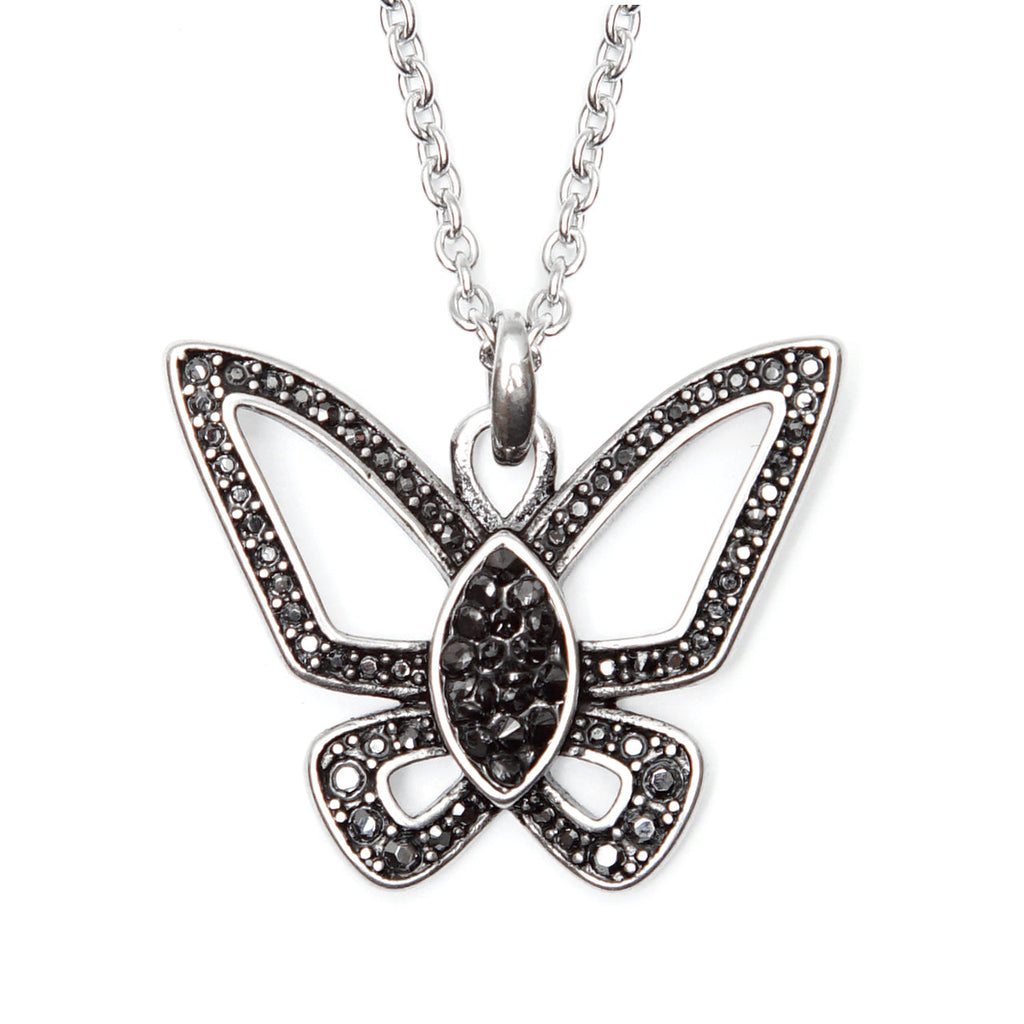 Black Butterfly Necklace With Crystal Accent Pendant