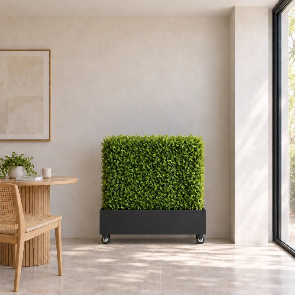 Black Metal Planter Medium with Wheels – For Artificial Boxwood Hedges