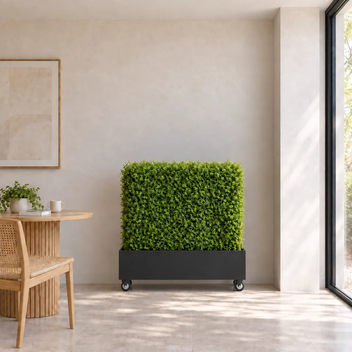 Black Metal Planter Medium with Wheels – For Artificial Boxwood Hedges