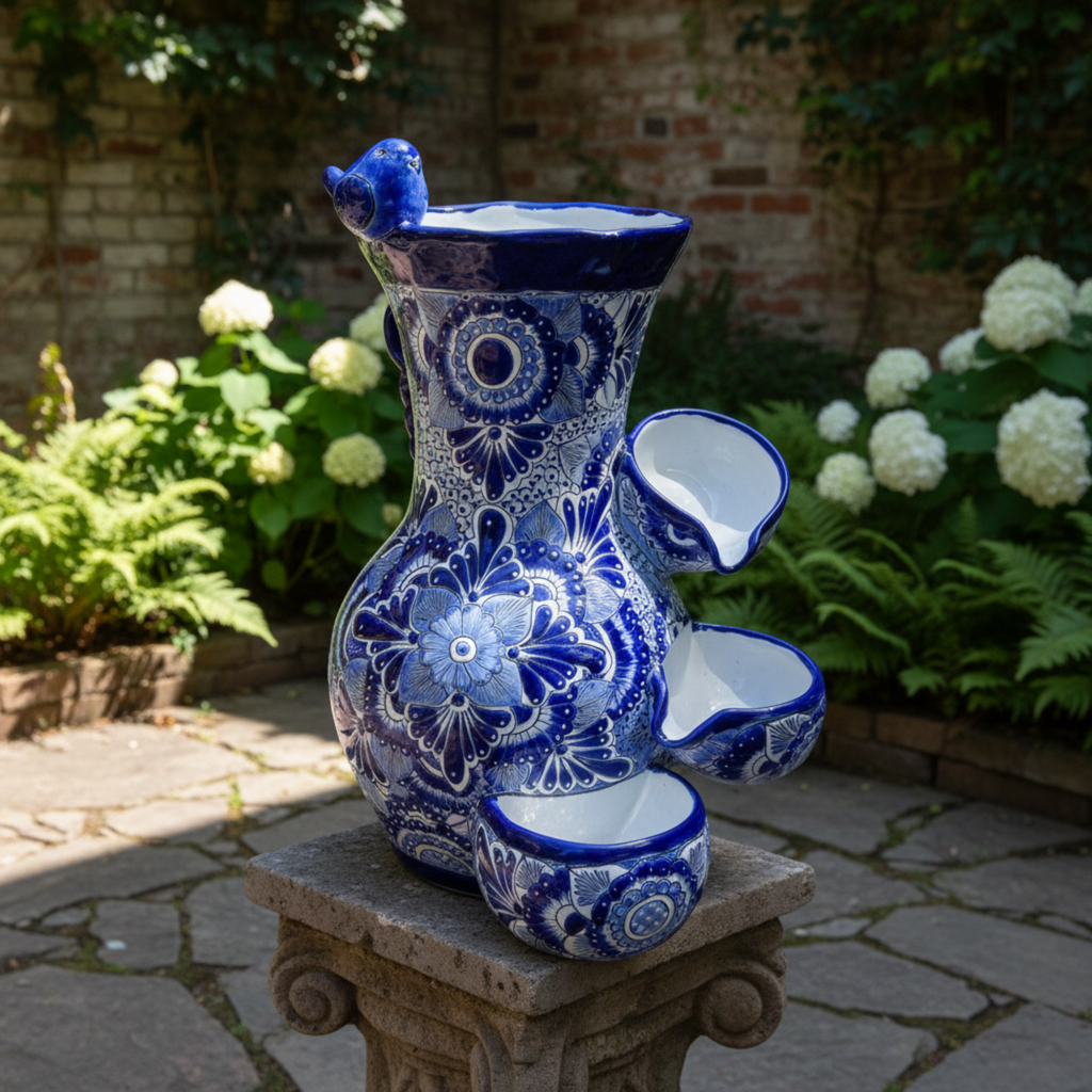 Blue & White Talavera Fountain | Floral Bird Water Feature