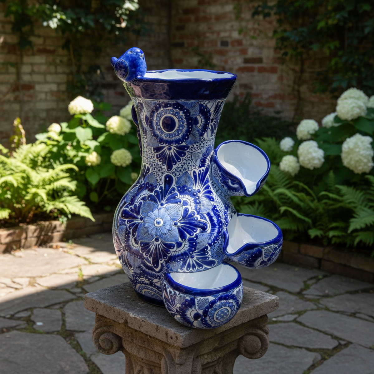 Blue & White Talavera Fountain | Floral Bird Water Feature
