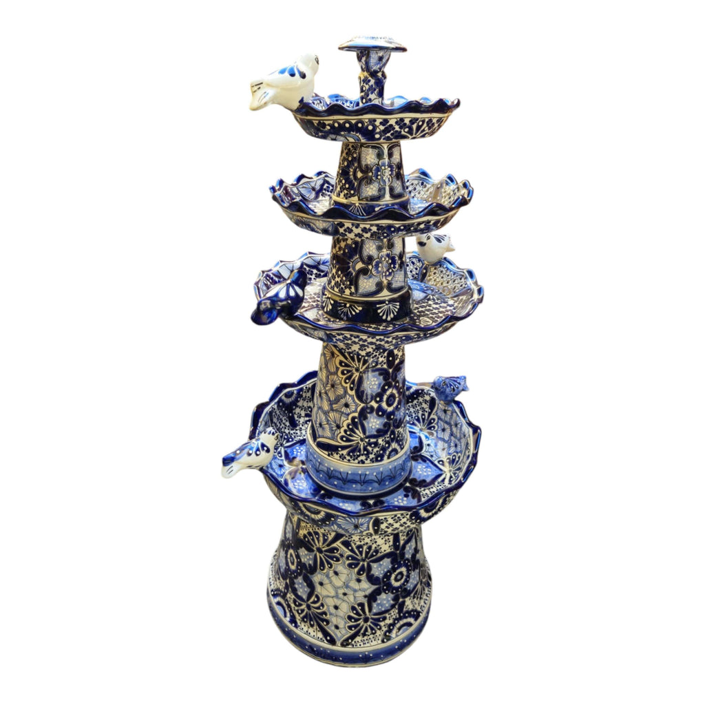 Blue & White Talavera Garden Fountain | Handmade 4-Foot Tiered Art
