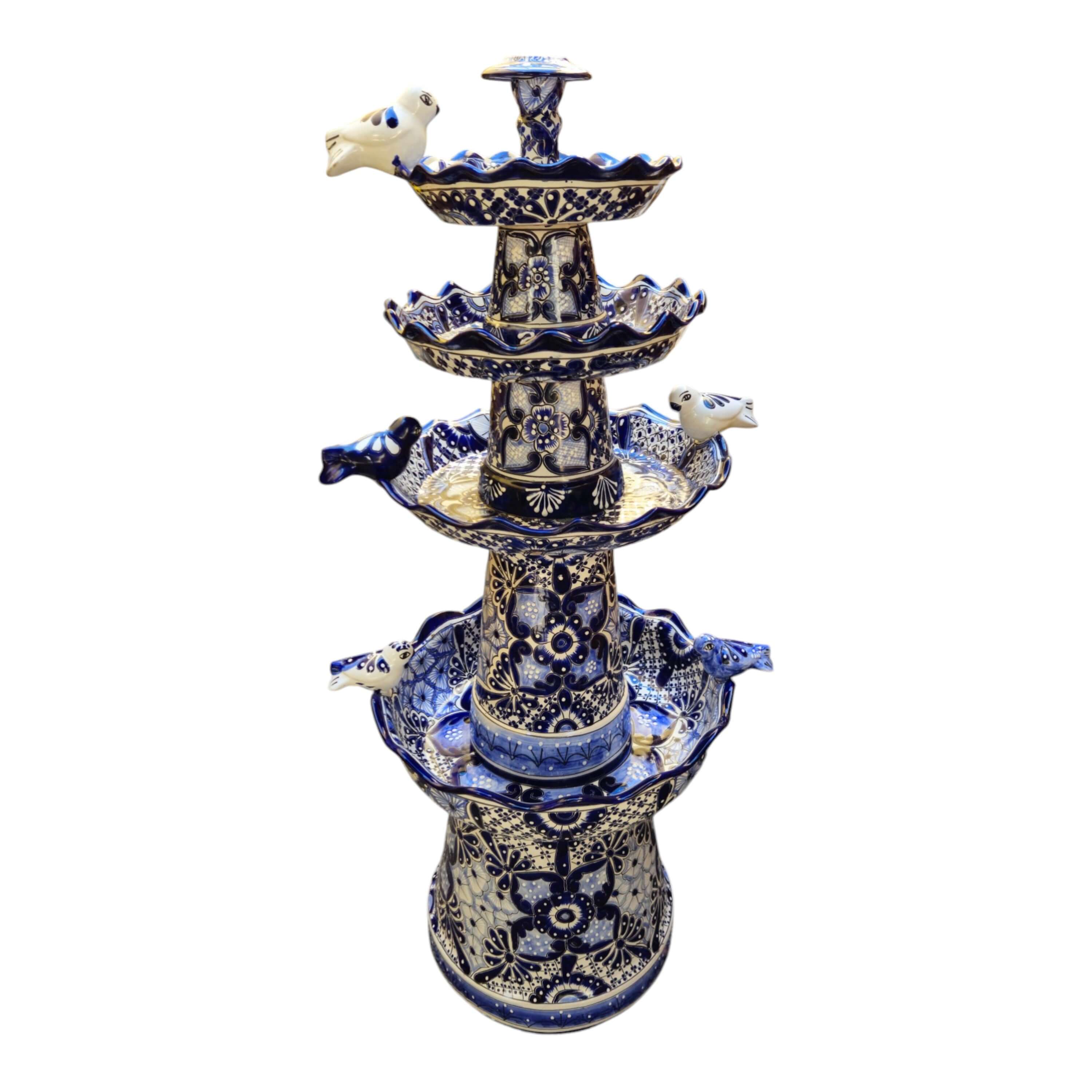 Blue & White Talavera Garden Fountain | Handmade 4-Foot Tiered Art